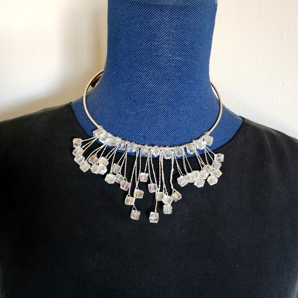 Silver Square Crystal and Wire Choker Necklace Earrings Set New - Picture 8 of 8